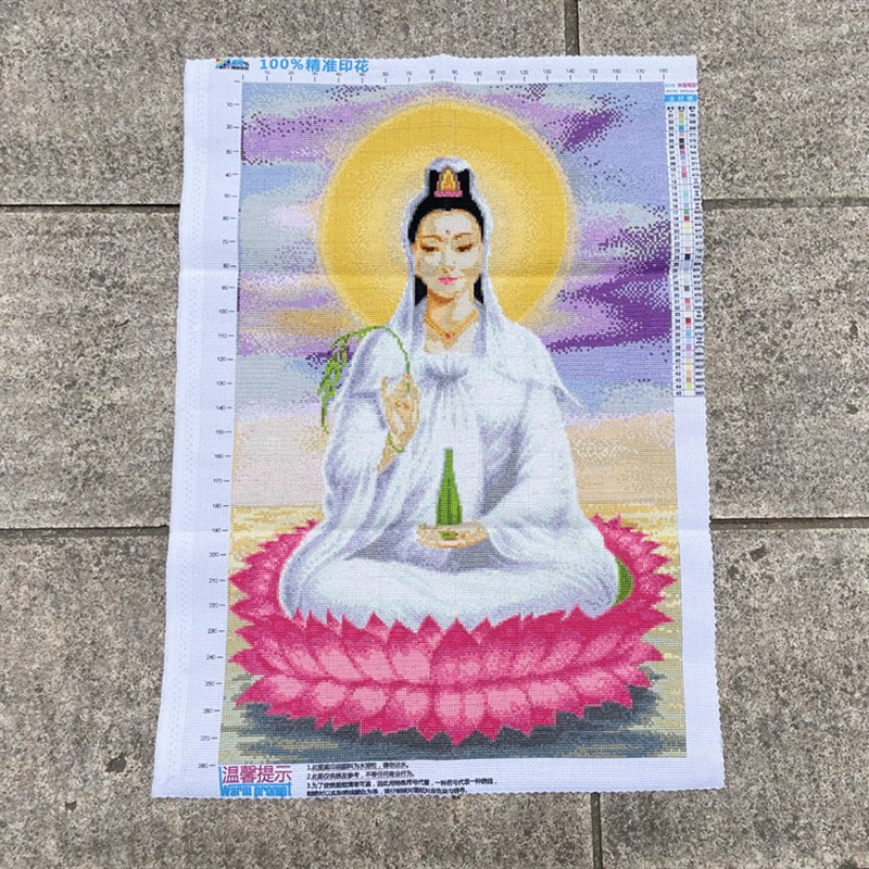 手工十字绣成品观音坐莲观音厅中堂人物竖版