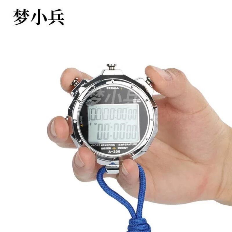 梦小兵金属水秒表双排道夜光温度显示秒表运动秒表计时器闹铃