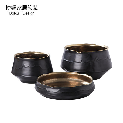 现代黑金陶瓷花盆果盘餐桌插花器软装饰品摆设