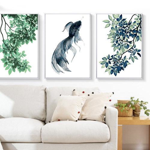 现代简约小清新树叶绿植画室内背景墙挂画餐厅壁画鱼