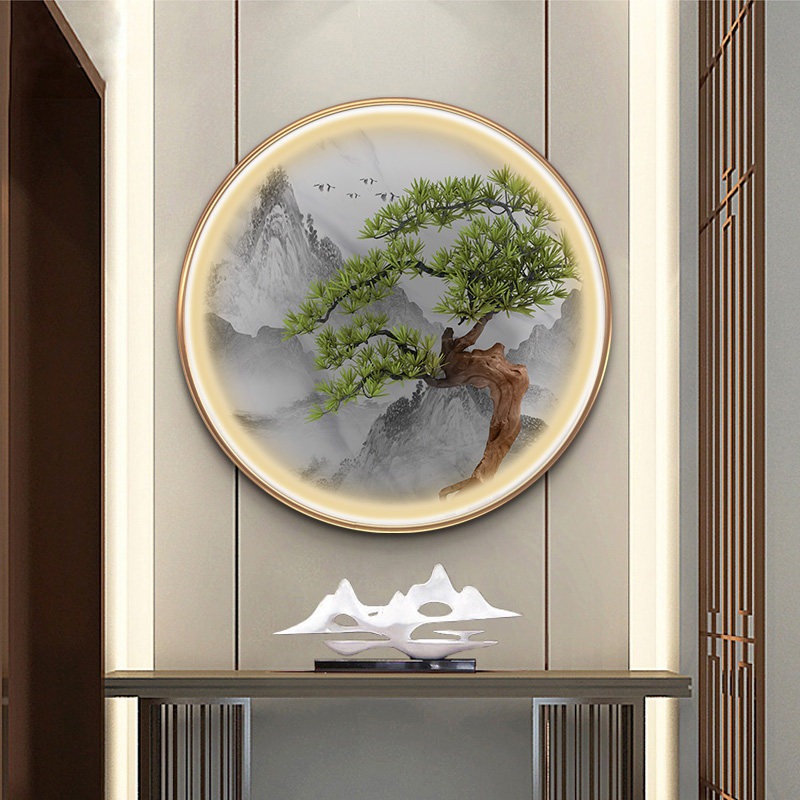 迎客松壁画玄关圆形画新中式挂画茶室餐厅进门背景墙