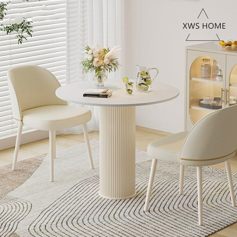 奶油风圆形餐桌家用小户型岩板洽谈桌椅组合现代简约罗马柱圆桌子