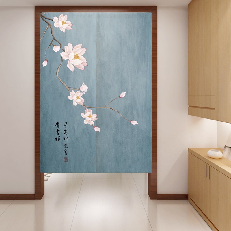 中式花鸟门帘布艺免打孔挂帘走廊帘厨房卫生间遮挡帘