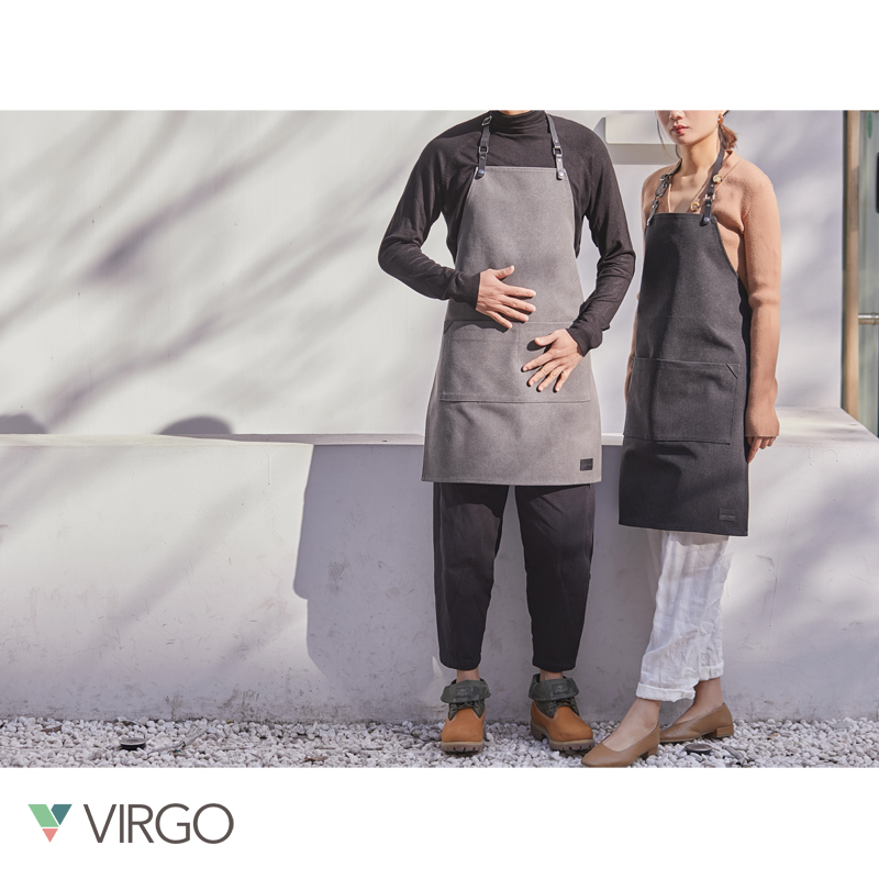Virgo灰色黑色水洗复古帆布围裙 咖啡 画室 餐厅工作围裙定制logo