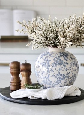 法式复古陶瓷花瓶青花瓷水养鲜花插花客厅桌面装饰高级圆形蓝