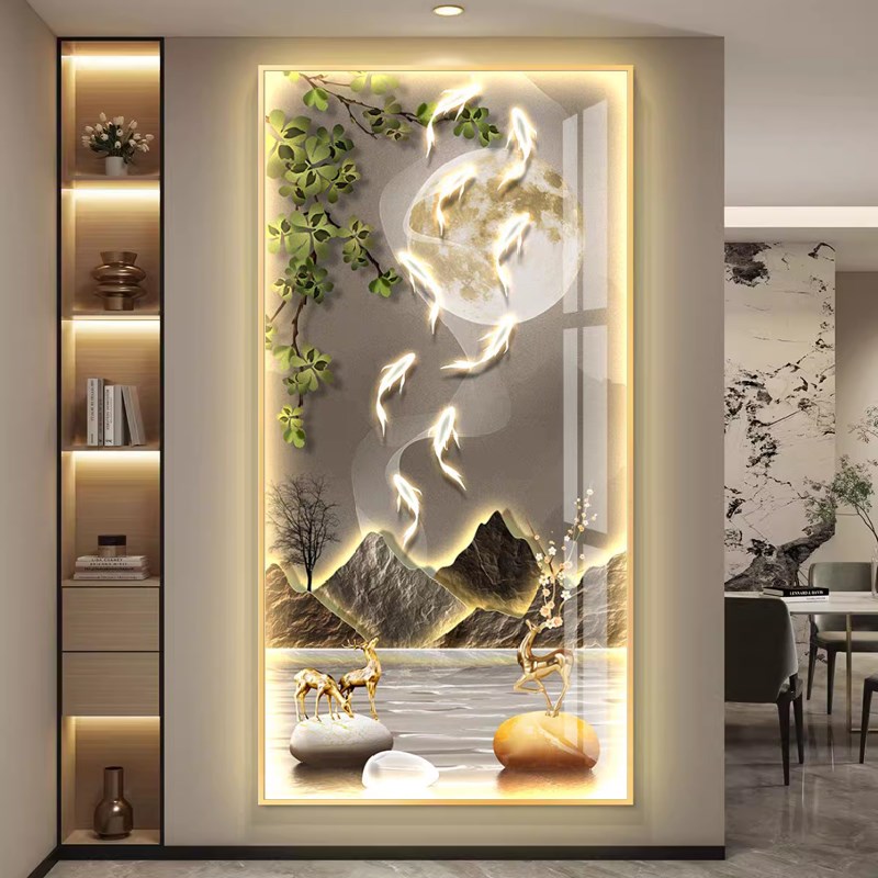 轻奢led带灯九鱼图入户玄关装饰画简约现代挂画走廊过道壁画竖版