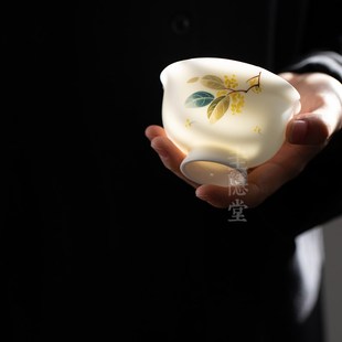 圭隐堂哑光羊脂玉白瓷功夫茶杯手绘桂花家用女士主人杯品茗杯单杯