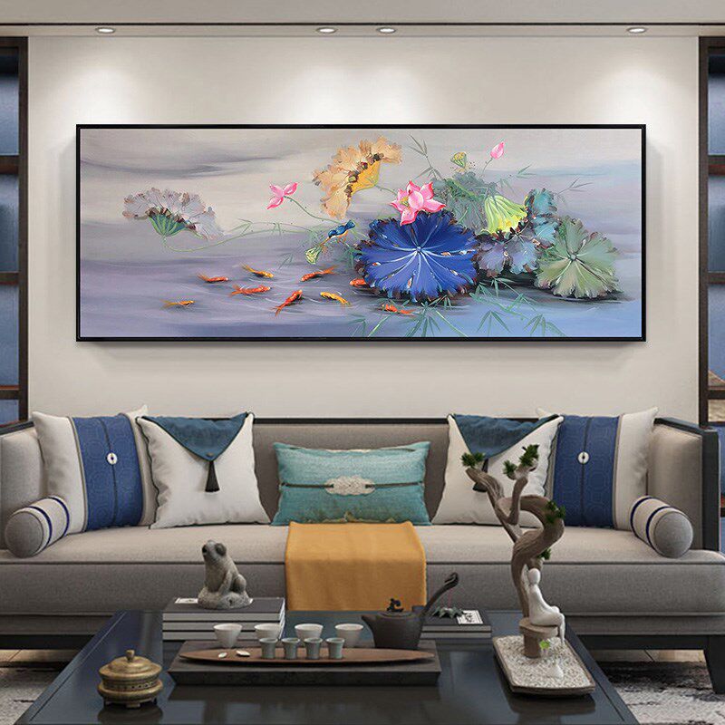 新中式手绘油画写意荷花九鱼图画床头餐厅茶室花鸟横挂画