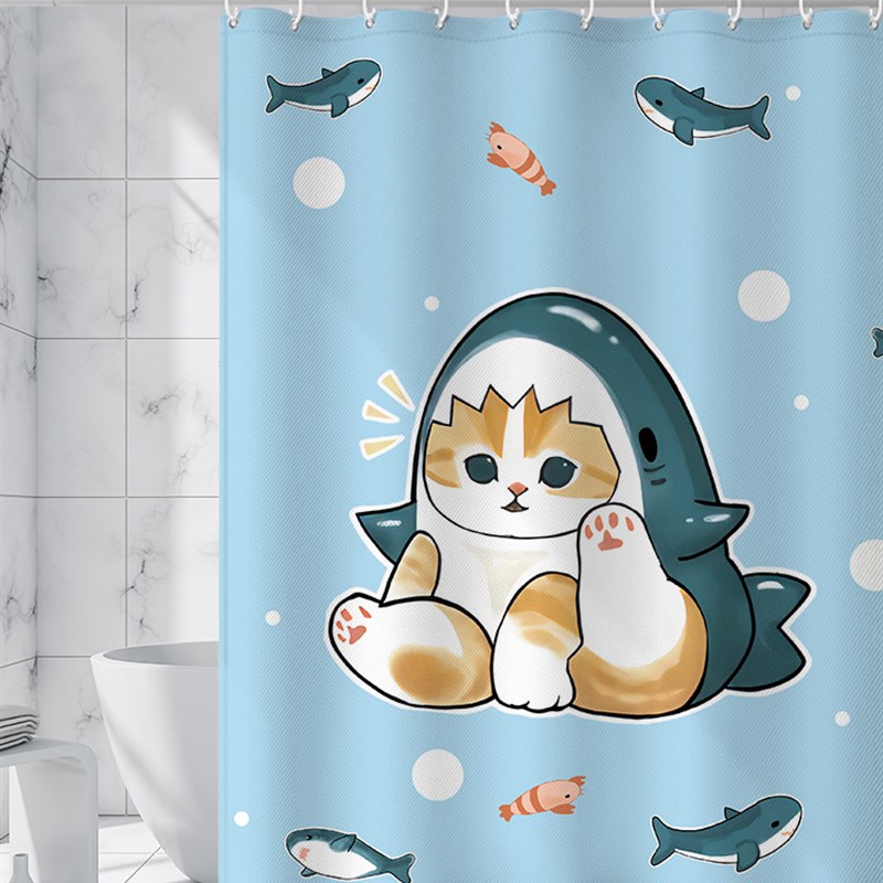 速干浴帘鲨鱼猫免打孔伸缩杆卫生间加重窗帘淋浴房霉门帘