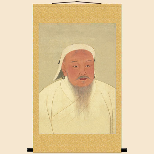 成吉思汗画像 铁木真蒙古人物丝绸画 复古书房装饰画卷轴挂画定制