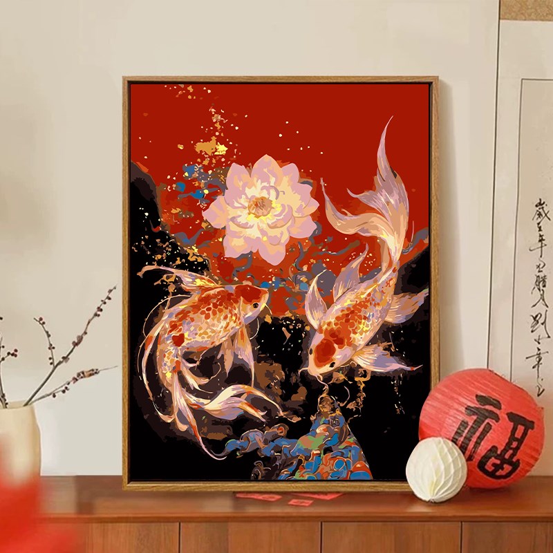 中国风锦鲤数字油画diy填充填色手工绘新年荷花丙烯油彩画装饰画图片