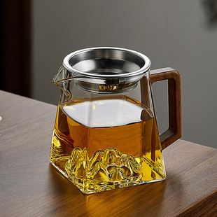 木把玻璃公道杯茶漏一体分茶器茶具滤网高端加厚茶海功道茶杯单个