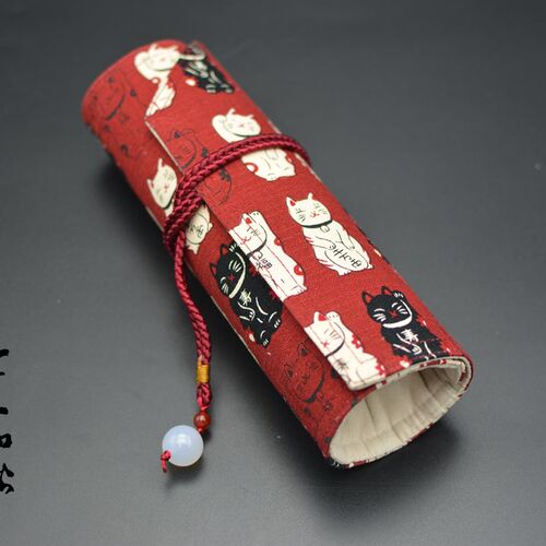一叶知秋 手作 笔帘 【和风猫  红\蓝】 玛瑙珠 钢笔笔帘