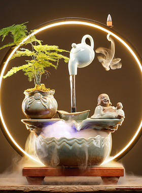 创意陶瓷招财悬壶循环流水鱼缸简约家居客厅雾化开业乔迁礼品