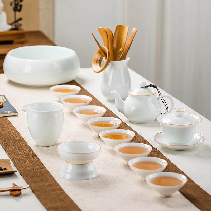 甜白瓷简约功夫茶具家用办公室泡茶壶盖碗茶杯套装斗笠杯陶瓷礼盒