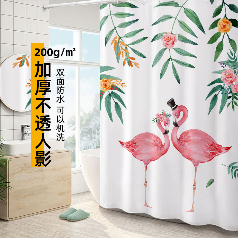 火烈鸟浴帘装免打孔浴室布加厚霉帘卫生间挂帘洗澡帘