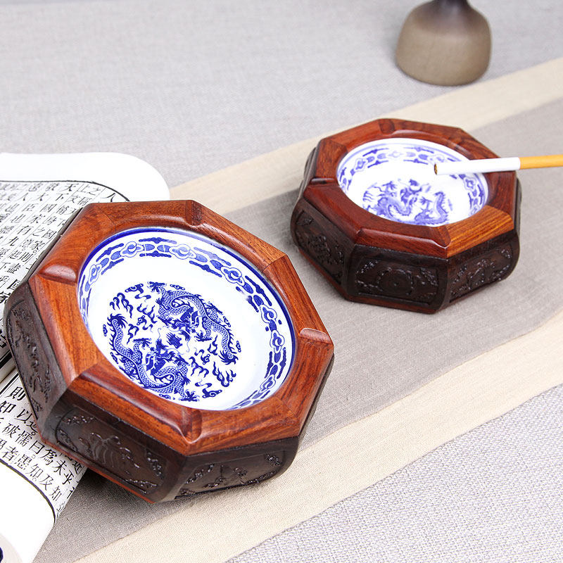 红木烟灰缸办公室客厅中式个性复古实木质潮流多功能瓷盆黑檀烟缸