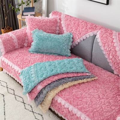 冬季时尚玫瑰绒沙发垫加厚毛绒盖布防滑坐垫子皮沙发巾套罩冬天款