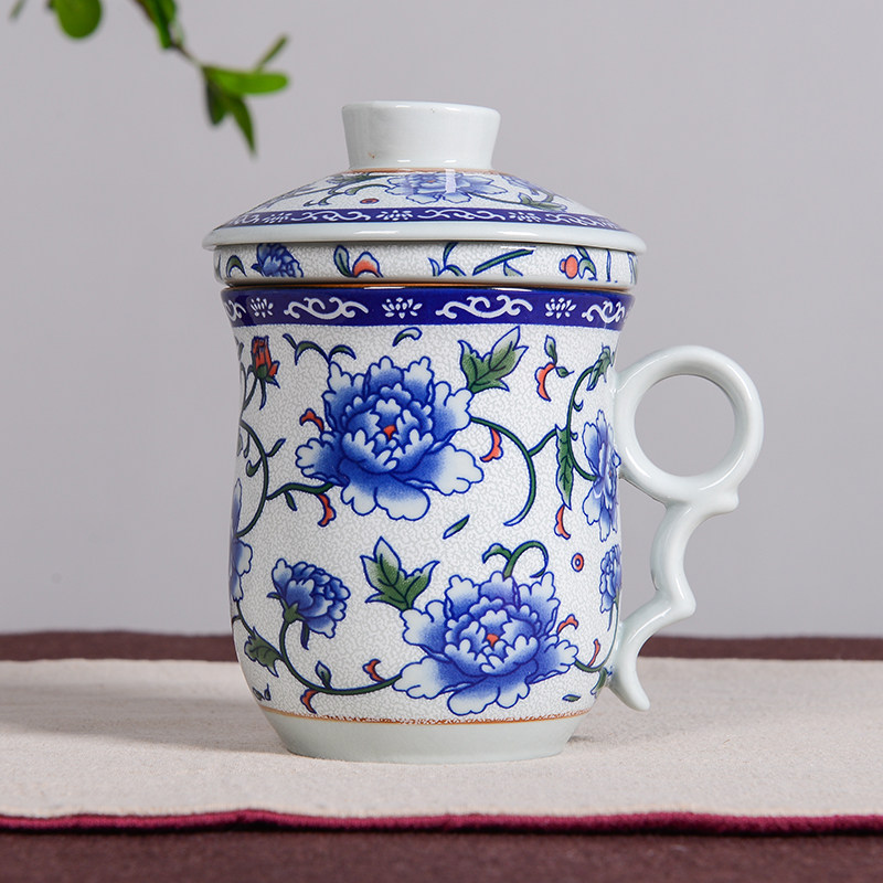 陶瓷泡茶杯三件套陶瓷办公杯带陶瓷过滤内胆个人杯青花瓷大号杯