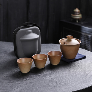 旅行茶具套组快客杯子露营户外旅游泡茶杯一壶三杯茶壶 粗陶可携式