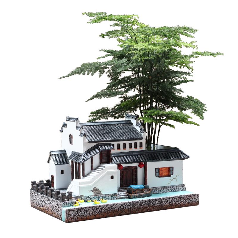 建筑模型摆件树脂微景观造景中式庭院盆景客厅花盆创意微缩古房子