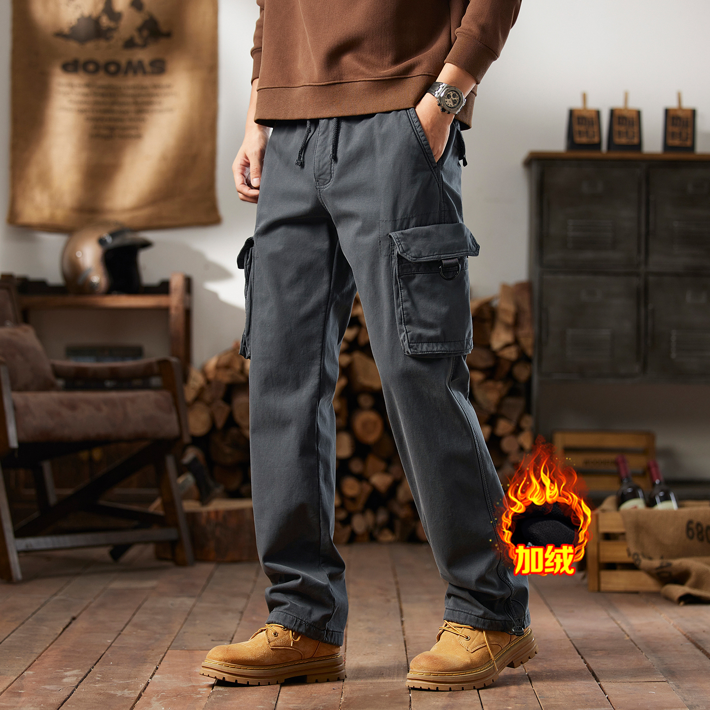 加绒加厚工装裤男多口袋宽松直筒