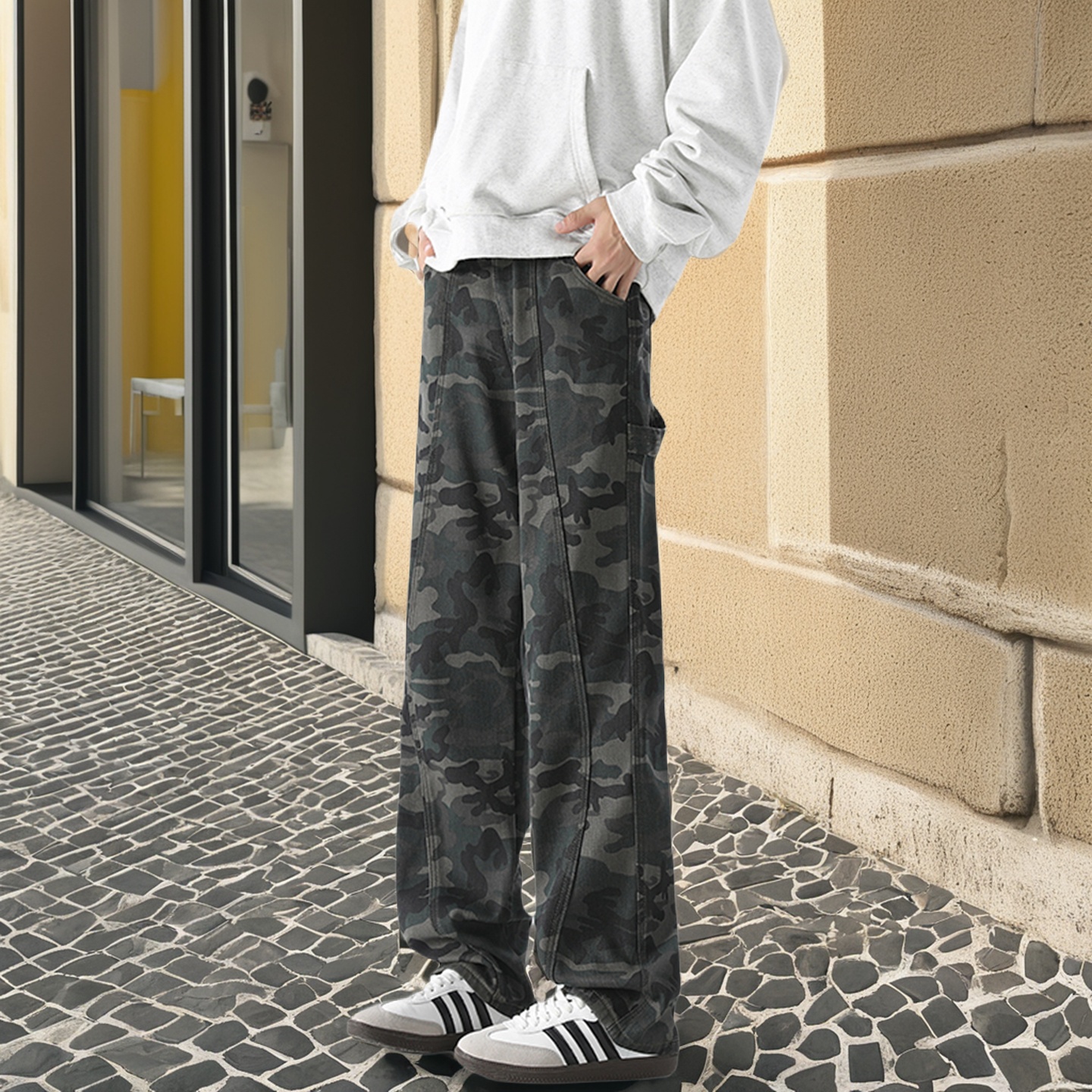 美式迷彩牛仔裤秋冬加绒直筒阔腿