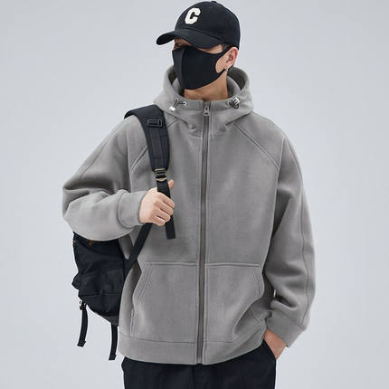 摇粒绒外套男秋冬款加绒加厚连帽拉链开衫卫衣春秋季男士抓绒上衣