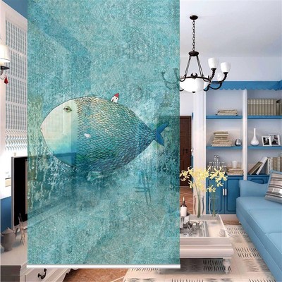 挂屏软帘软隔断软挂帘半透明屏风 半透明挂帘卷帘大鱼小房子