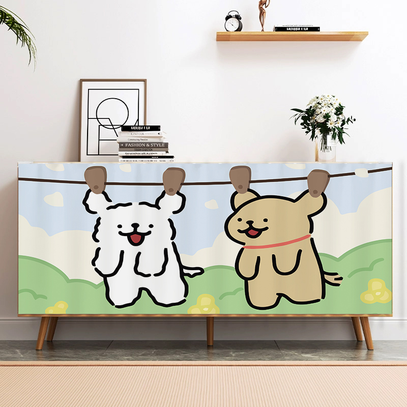 卡通线条小狗柜子杂物遮挡帘免打孔橱柜鞋架遮丑帘书柜衣柜防尘帘