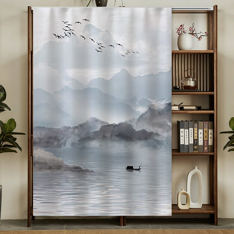 国风山水画柜子遮挡帘免打孔滑轨衣柜门帘书柜防尘帘置物架遮丑帘