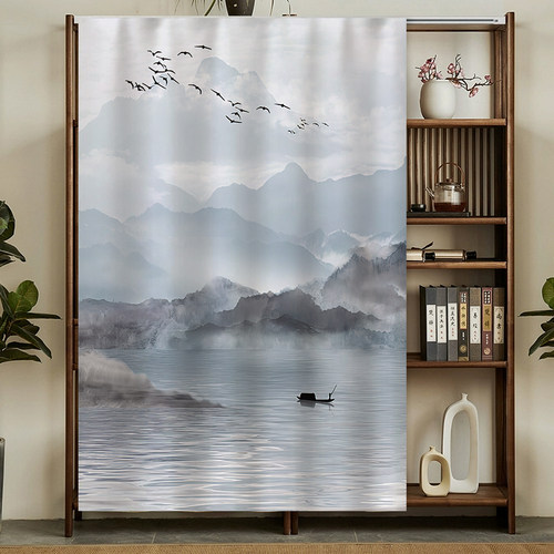 国风山水画柜子遮挡帘免打孔滑轨衣柜门帘书柜防尘帘置物架遮丑帘