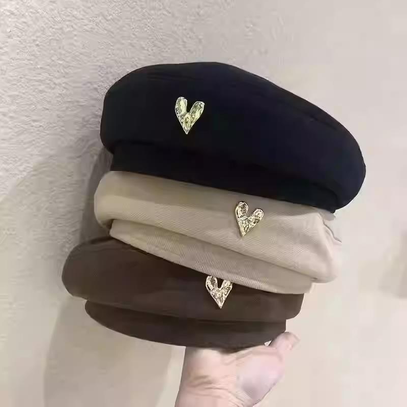 网红is爱心标贝雷帽子女冬百搭韩版春复古黑毛呢画家帽蓓蕾帽潮