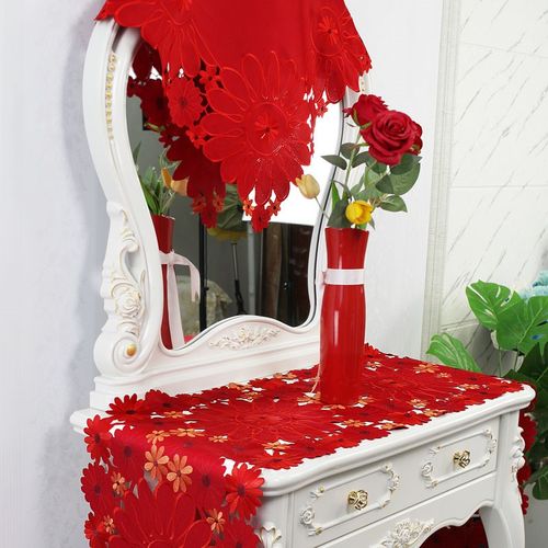 刺绣布艺梳妆台盖布布艺桌旗喜庆结婚红色盖布布艺桌旗长条台面布