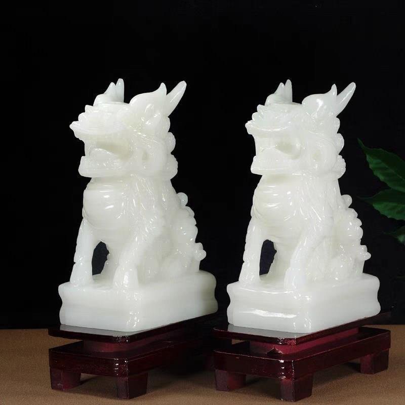 天然玉石麒麟摆件一对招财送子玉麒麟客厅玄关办公室乔迁开业贺礼