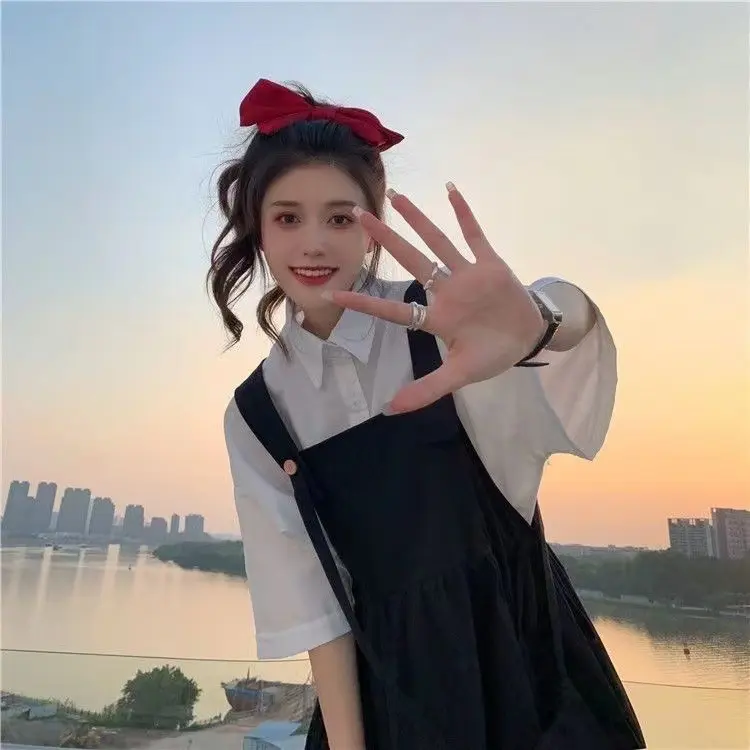 夏季日系学院甜美背带连衣裙女学生韩版宽松中长款吊带裙单件套装