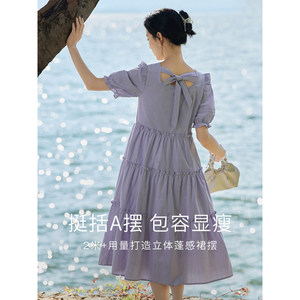 茵曼香芋紫色连衣裙女新款纯棉提花方领泡泡袖蛋糕裙子18322365