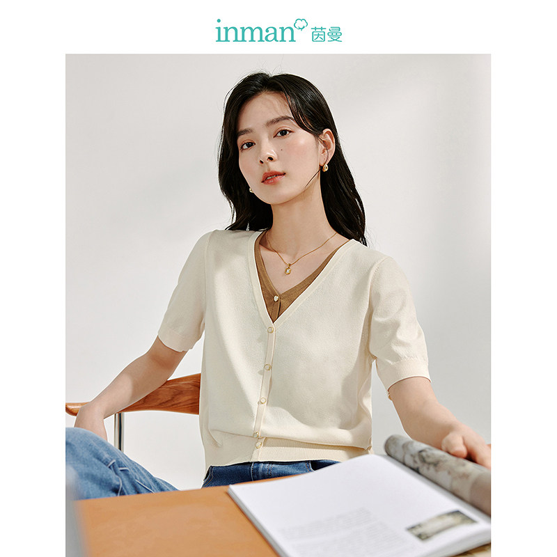 茵曼法式假两件短袖针织衫女2024年夏季新款薄款短上衣W18424299