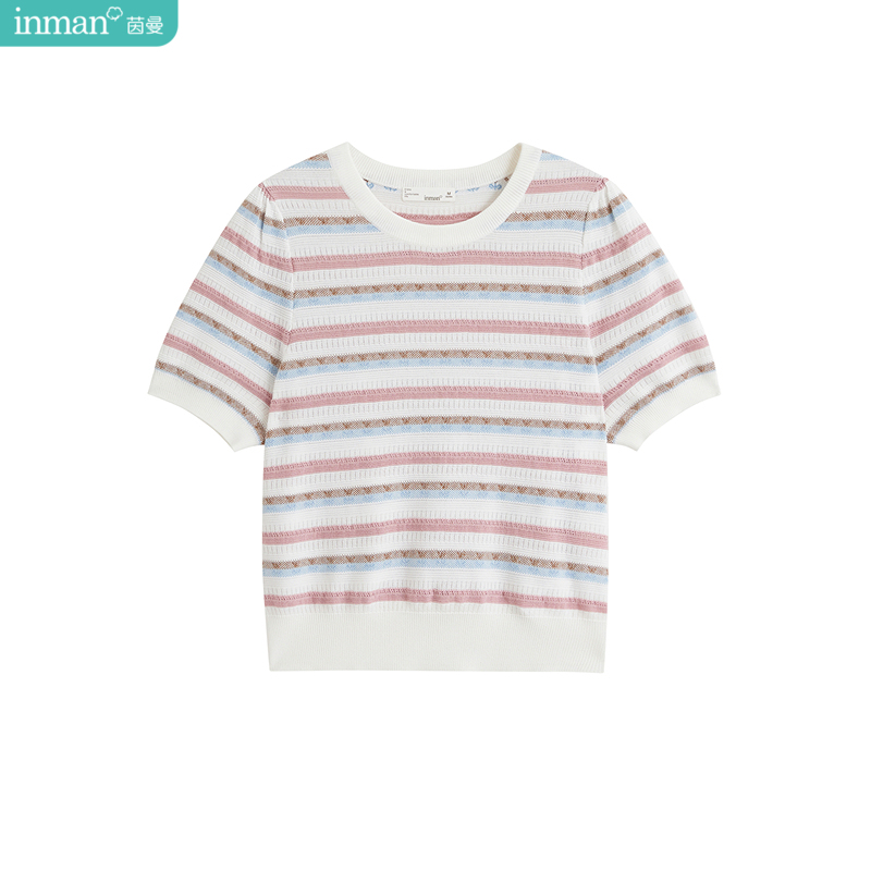 茵曼多巴胺条纹薄针织衫2025夏季女装新款气质泡泡袖显瘦宽松上衣