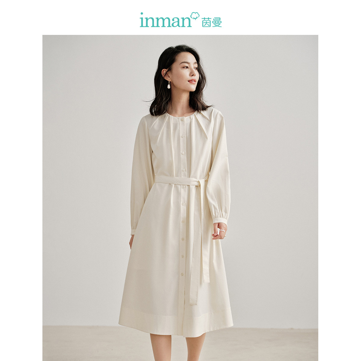 茵曼气质两件套连衣裙春女装新款U领长袖收腰显瘦中长裙W18412773