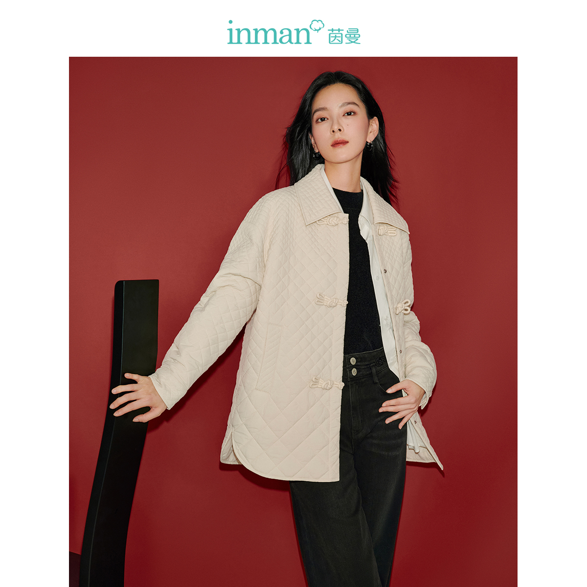茵曼新中式绗缝夹棉保暖棉衣女2024年冬季新款宽松轻薄衬衫式棉服