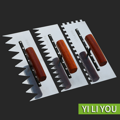 不锈钢锯齿抹灰刀铺瓷砖工具左右方齿尖齿泥板梨花木弯把手批灰刀