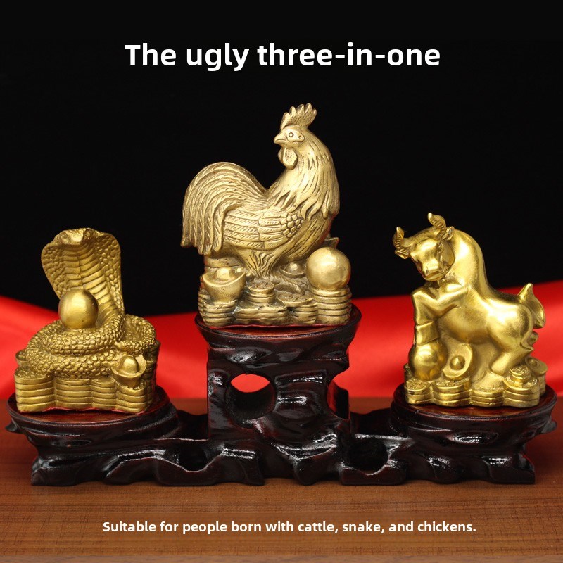 纯铜12生肖巳酉丑三合贵人属相蛇鸡牛黄铜摆件家居铜器风水工艺品