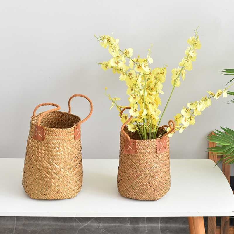 海草编织手提花篮藤编插花干花提包田园手工花盆竹编客厅摆件装饰