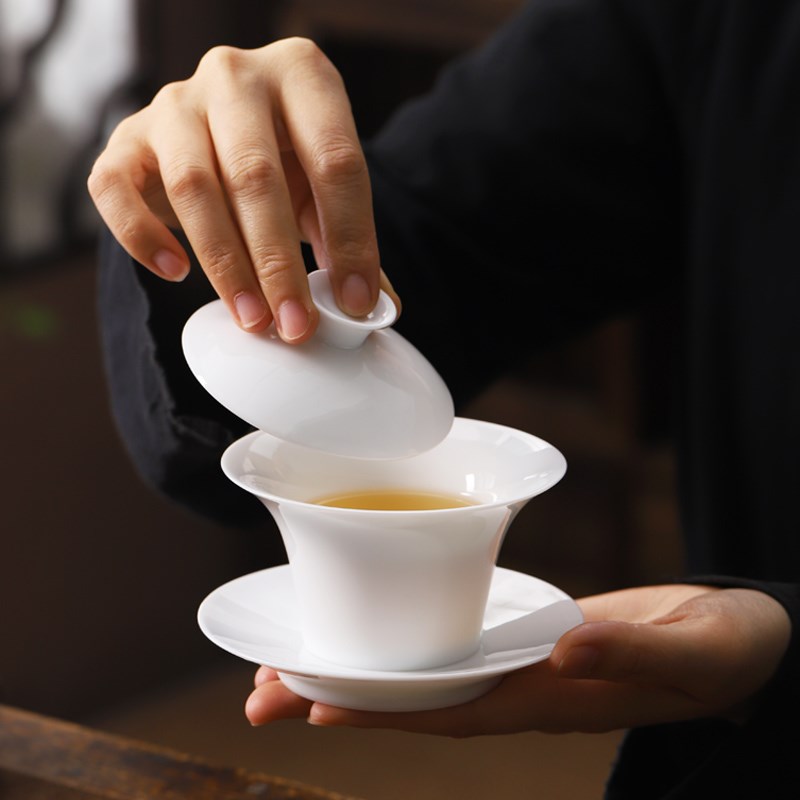 甜白马蹄三才盖碗白瓷碗薄胎悬停泡茶碗单个大中小号功夫茶具茶杯