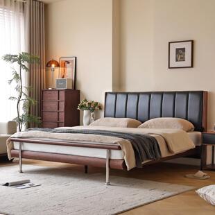 意式极简钢琴键胡桃木中古风黑色实木床现代简约主卧真皮床双人床