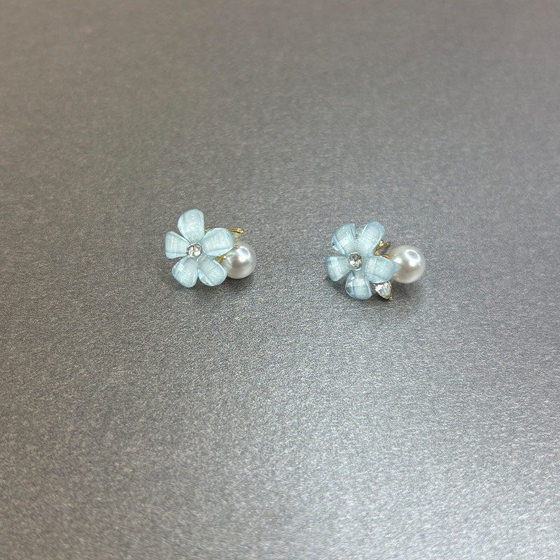 小清新冰透蓝色花朵珍珠耳钉