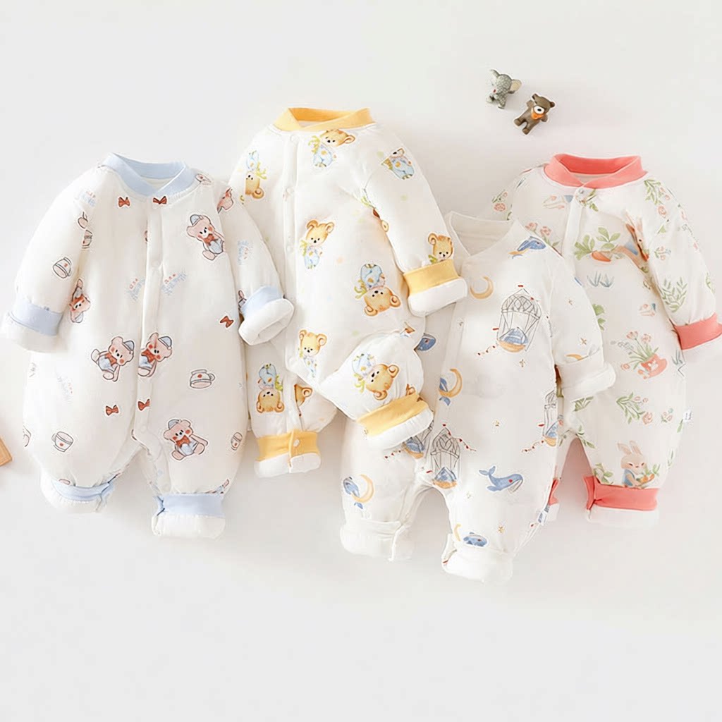 150g加厚冬季婴儿连体棉袄夹棉新生儿棉服厚0 12个月宝宝卡通棉衣