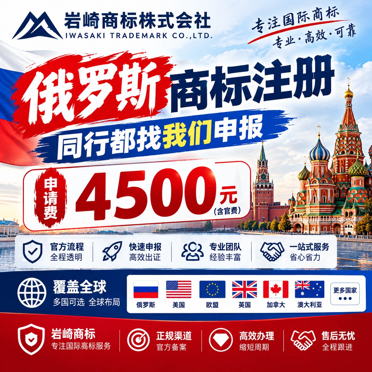 俄罗斯商标注册 同行代理合作价 赋能全国代理服务同行品牌出海