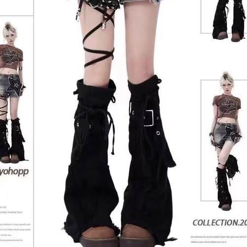 y2k黑色牛仔腿套辣妹显瘦堆堆袜抽绳十字架设计感靴套喇叭袜套潮